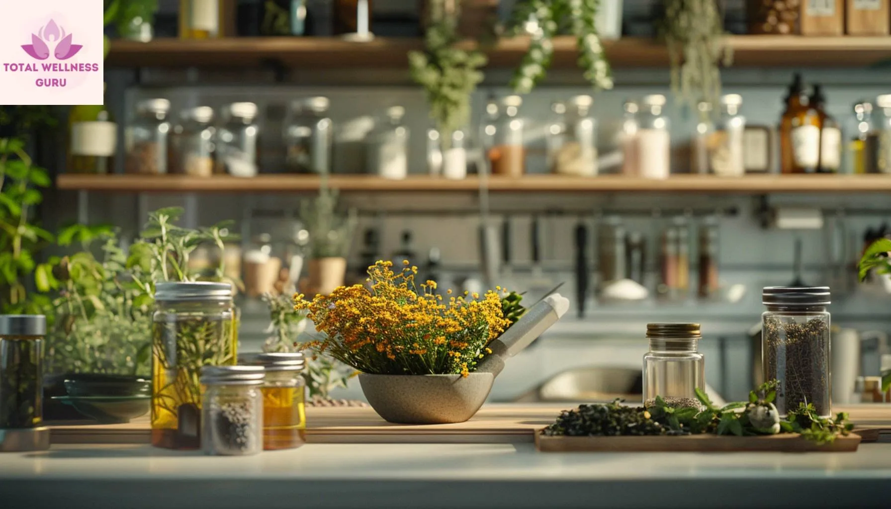 Rustic home kitchen with different medicinal herb preparations like drying herbs, jars of tinctures.