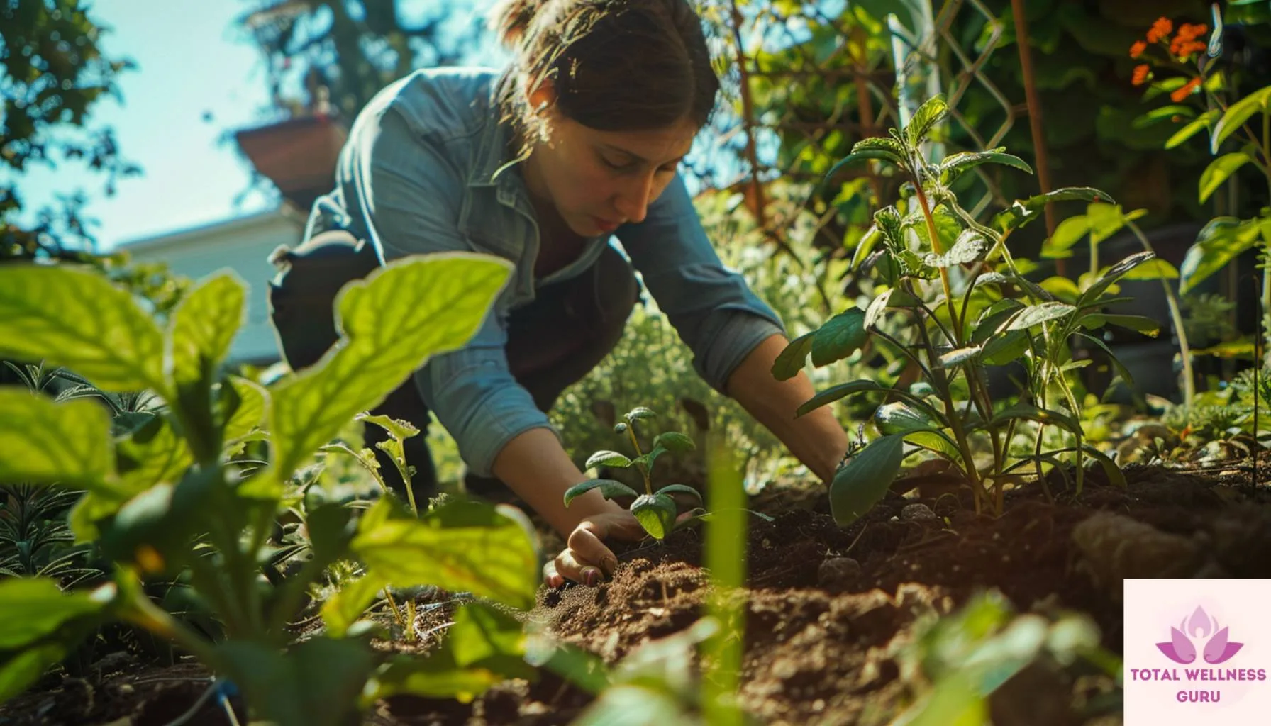 A lady bent down planting seeds of medicinal herb plants 