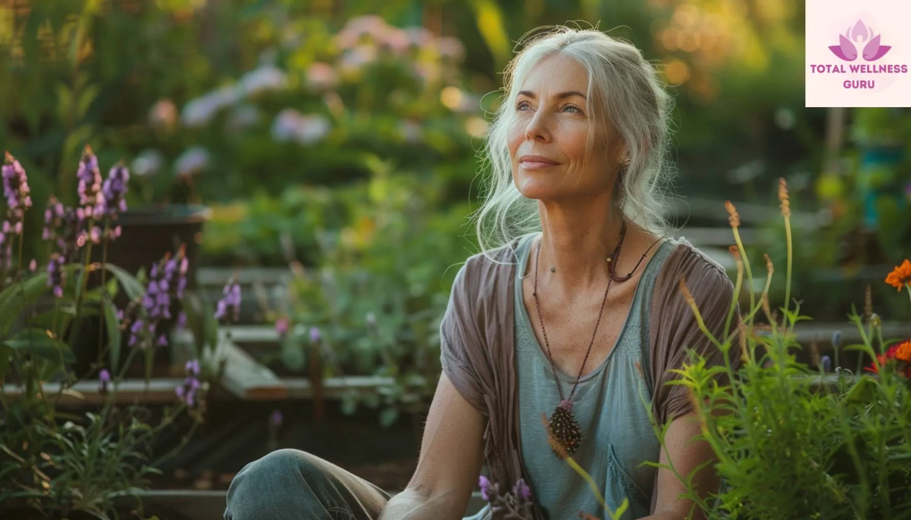 Woman sitting in the backyard medicinal garden with a look of calmness on her face