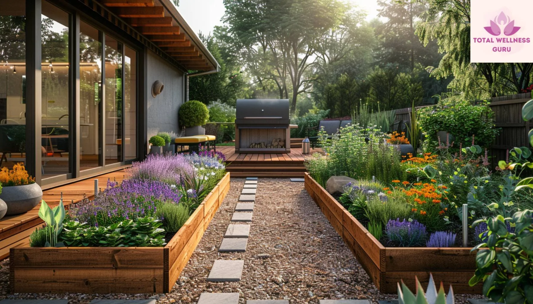 Thriving medicinal herb natural healing center garden in full bloom in backyard,